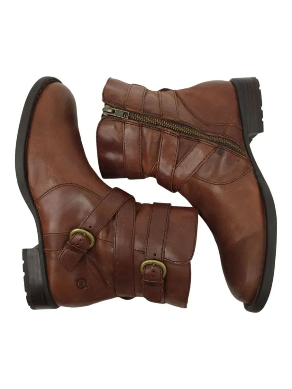 Born Ankle Boots 7.5 Strappy Multi Buckle Side Zip Brown Leather Booties Moto